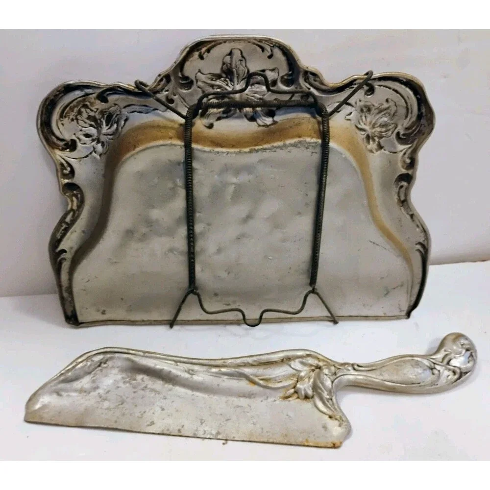 Vtg Art Nouveau Silent Butler Crumb Tray Scraper Set Stamped Aluminum Floral